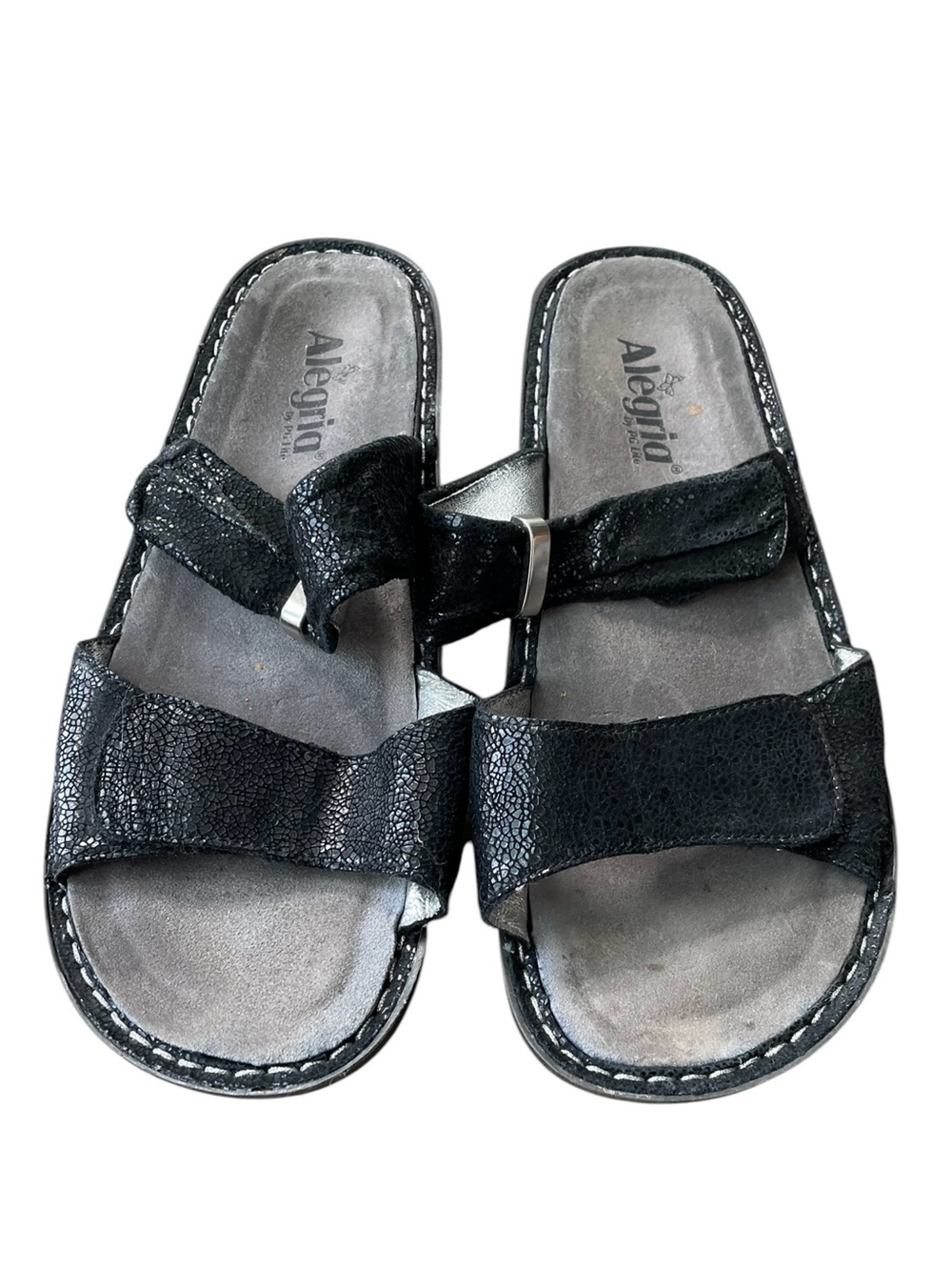 Alegria Karmen Slide Sandals Black Leather Textured Metallic Size 40